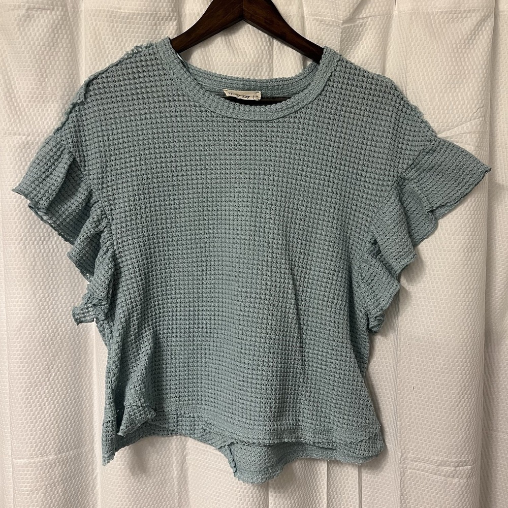 New In S Women's Faded Seafoam Ruffle Flutter Sleeve Waffle Flirty Easter EC